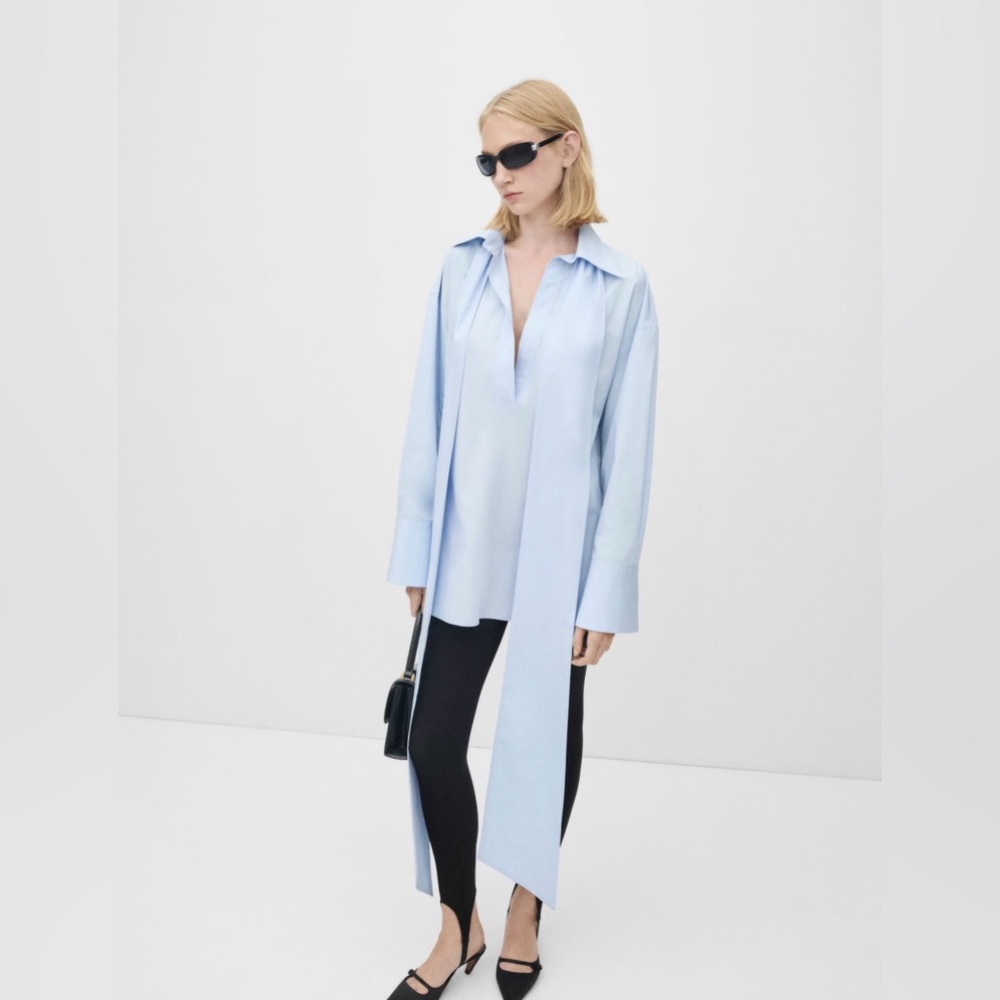 Mango Light Blue Long Tie Collar Blouse